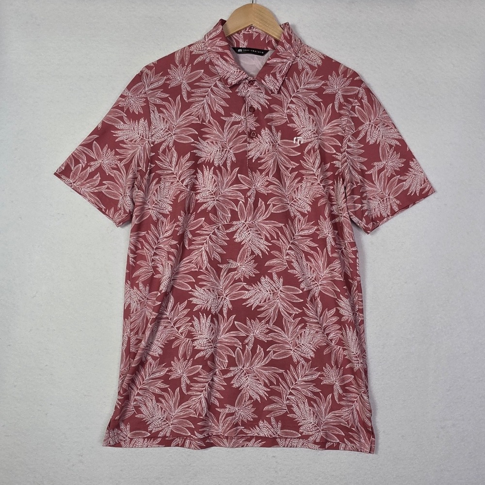 TravisMathew Mens Polo Large Pink Tropical Leaf Print Stretch Casual Golf Shirt - Picture 2 of 11